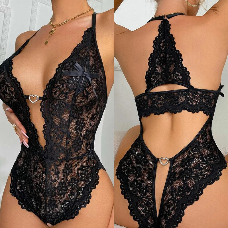 New Crotchless Red Lingerie Lace Hollow Bodysuit Erotic Costumes Teddy Baby Doll Dress Deep V Open Bra Porn Underwear