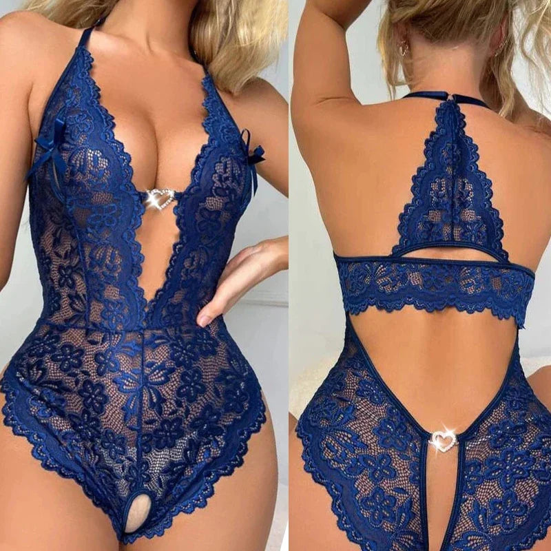 New Crotchless Red Lingerie Lace Hollow Bodysuit Erotic Costumes Teddy Baby Doll Dress Deep V Open Bra Porn Underwear