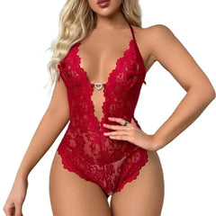 New Crotchless Red Lingerie Lace Hollow Bodysuit Erotic Costumes Teddy Baby Doll Dress Deep V Open Bra Porn Underwear