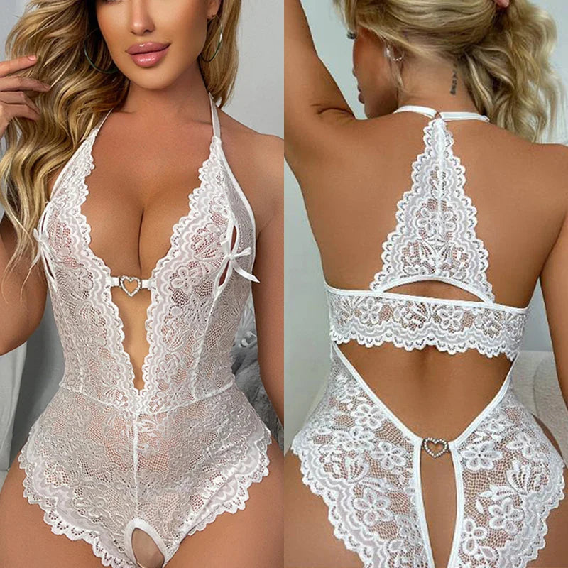 New Crotchless Red Lingerie Lace Hollow Bodysuit Erotic Costumes Teddy Baby Doll Dress Deep V Open Bra Porn Underwear