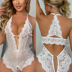 New Crotchless Red Lingerie Lace Hollow Bodysuit Erotic Costumes Teddy Baby Doll Dress Deep V Open Bra Porn Underwear
