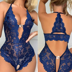 New Crotchless Red Lingerie Lace Hollow Bodysuit Erotic Costumes Teddy Baby Doll Dress Deep V Open Bra Porn Underwear