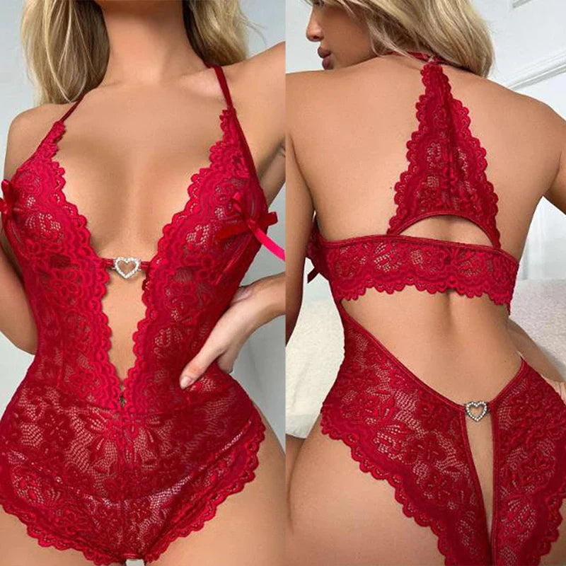 New Crotchless Red Lingerie Lace Hollow Bodysuit Erotic Costumes Teddy Baby Doll Dress Deep V Open Bra Porn Underwear