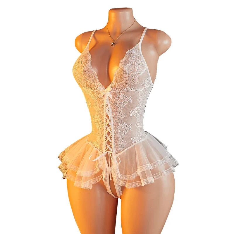 New Crotchless Lingerie Lace Bodysuit Erotic Costumes Teddy Baby Dolls Dress Deep V Open Crotch Porn Underwear Set
