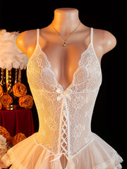 New Crotchless Lingerie Lace Bodysuit Erotic Costumes Teddy Baby Dolls Dress Deep V Open Crotch Porn Underwear Set