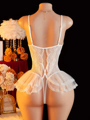 New Crotchless Lingerie Lace Bodysuit Erotic Costumes Teddy Baby Dolls Dress Deep V Open Crotch Porn Underwear Set