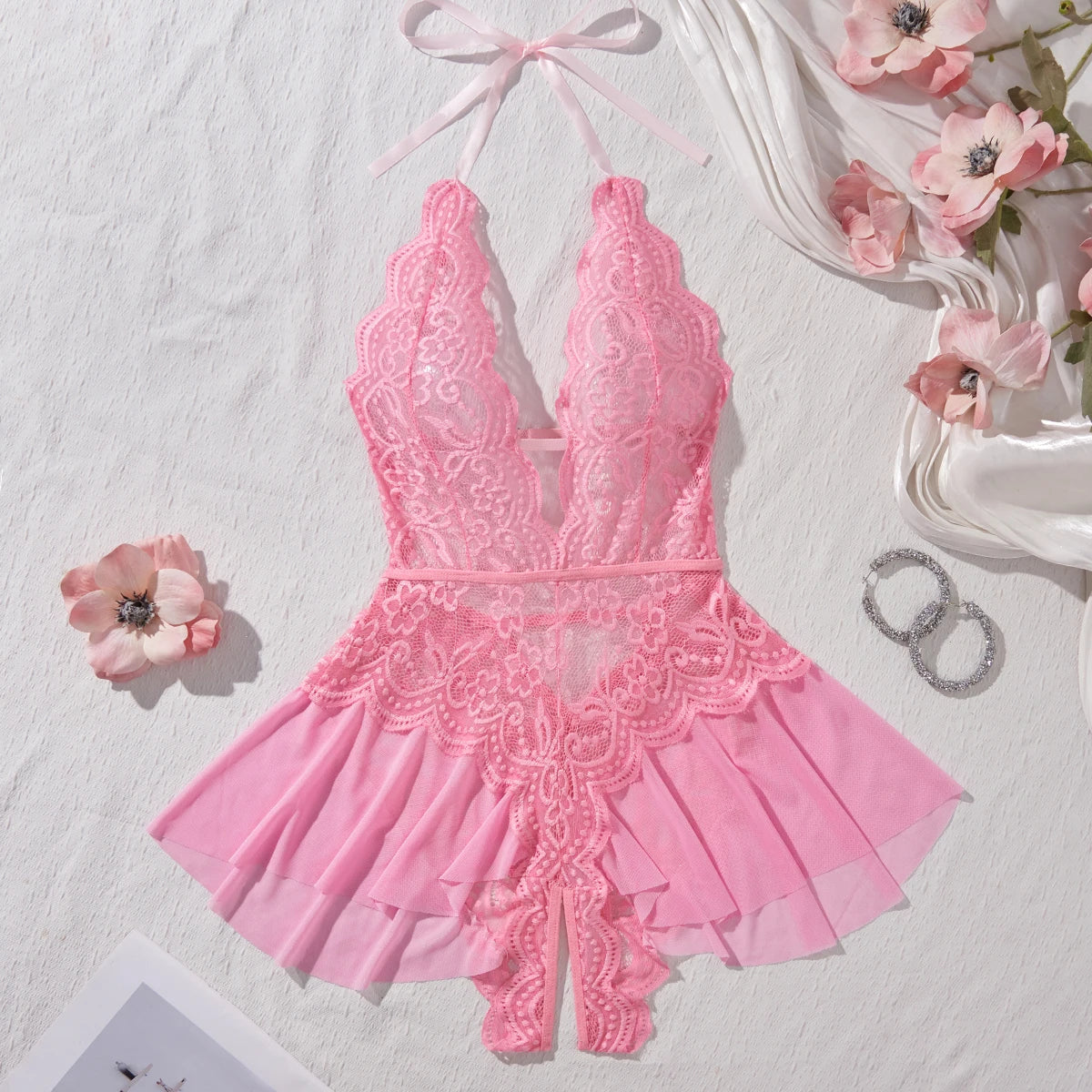 New Erotic Crotchless Lingerie Date Teddies Bodysuit Lace Up Halter Deep V Babydoll Dress Backless Hollow Out Porn Costume