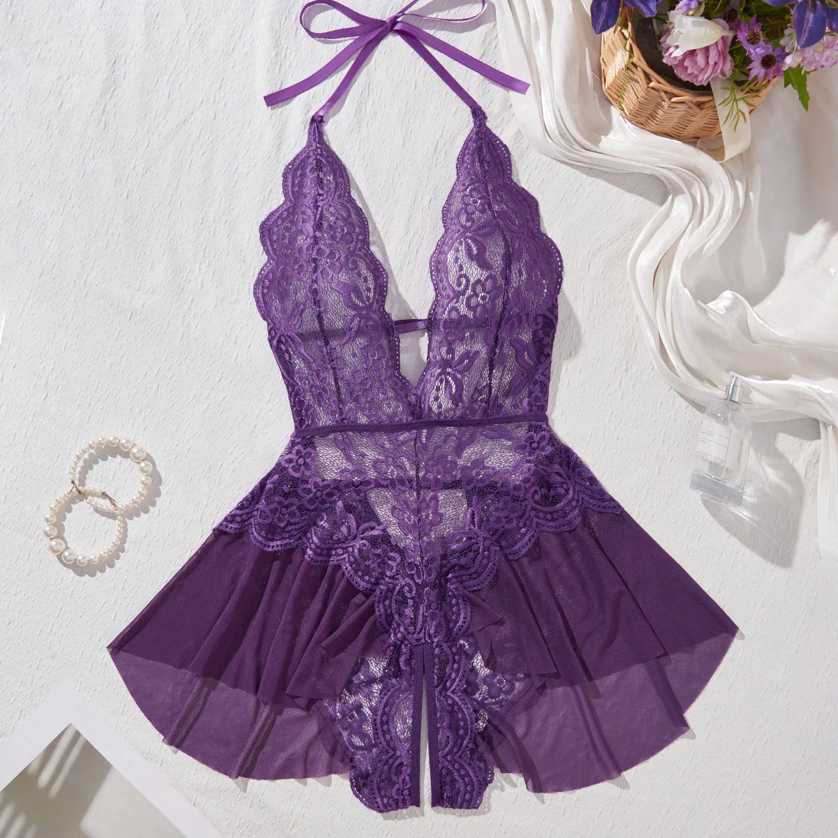 New Erotic Crotchless Lingerie Date Teddies Bodysuit Lace Up Halter Deep V Babydoll Dress Backless Hollow Out Porn Costume