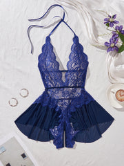 New Erotic Crotchless Lingerie Date Teddies Bodysuit Lace Up Halter Deep V Babydoll Dress Backless Hollow Out Porn Costume