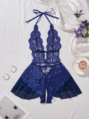 New Erotic Crotchless Lingerie Date Teddies Bodysuit Lace Up Halter Deep V Babydoll Dress Backless Hollow Out Porn Costume