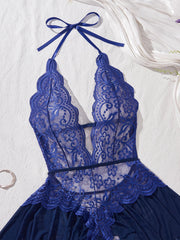 New Erotic Crotchless Lingerie Date Teddies Bodysuit Lace Up Halter Deep V Babydoll Dress Backless Hollow Out Porn Costume