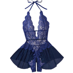 New Erotic Crotchless Lingerie Date Teddies Bodysuit Lace Up Halter Deep V Babydoll Dress Backless Hollow Out Porn Costume