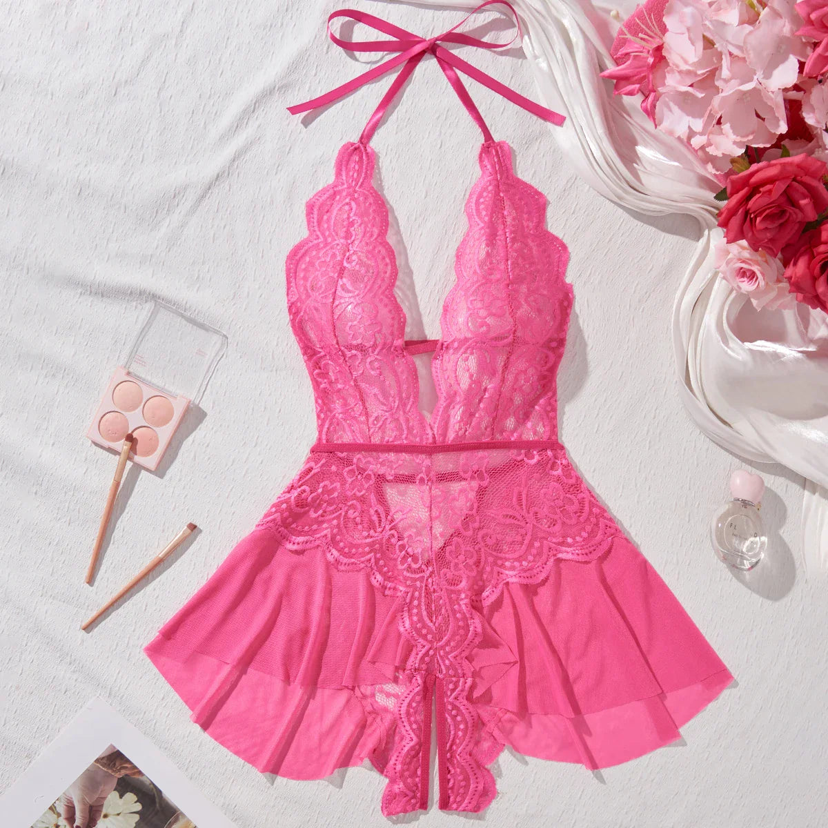 New Erotic Crotchless Lingerie Date Teddies Bodysuit Lace Up Halter Deep V Babydoll Dress Backless Hollow Out Porn Costume