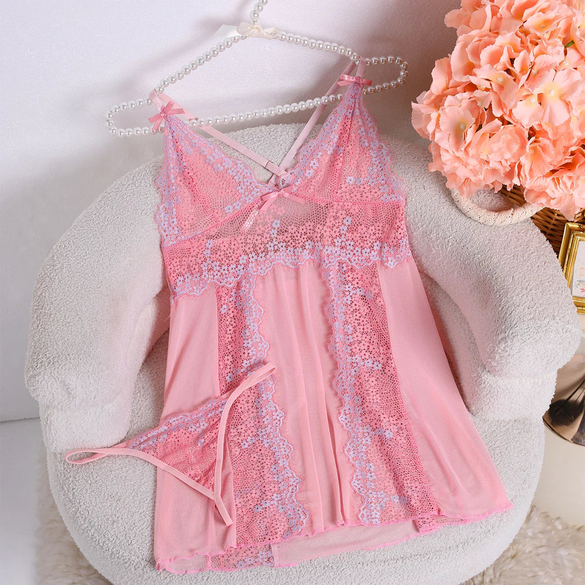 New Flowers Lace Vulgar Nightdress Casual Deep V Neck Spaghetti Strap Sleep Dress Sleepwear Dresses Lingerie Babydoll