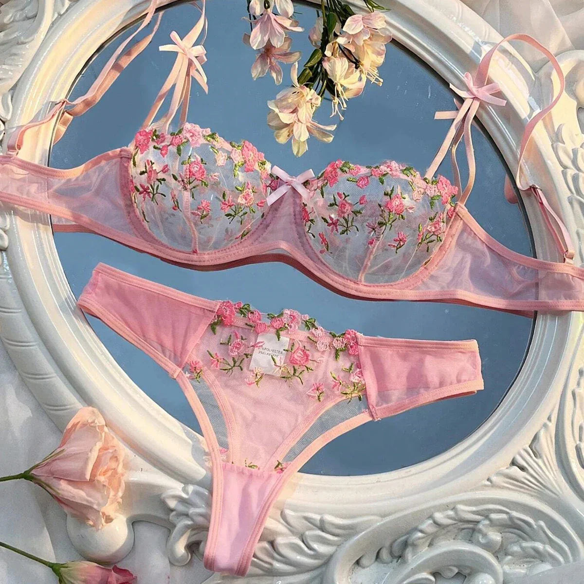 New Pink Bra Lingerie Set Ladies Embroidery Floral Bras Underwear Sets