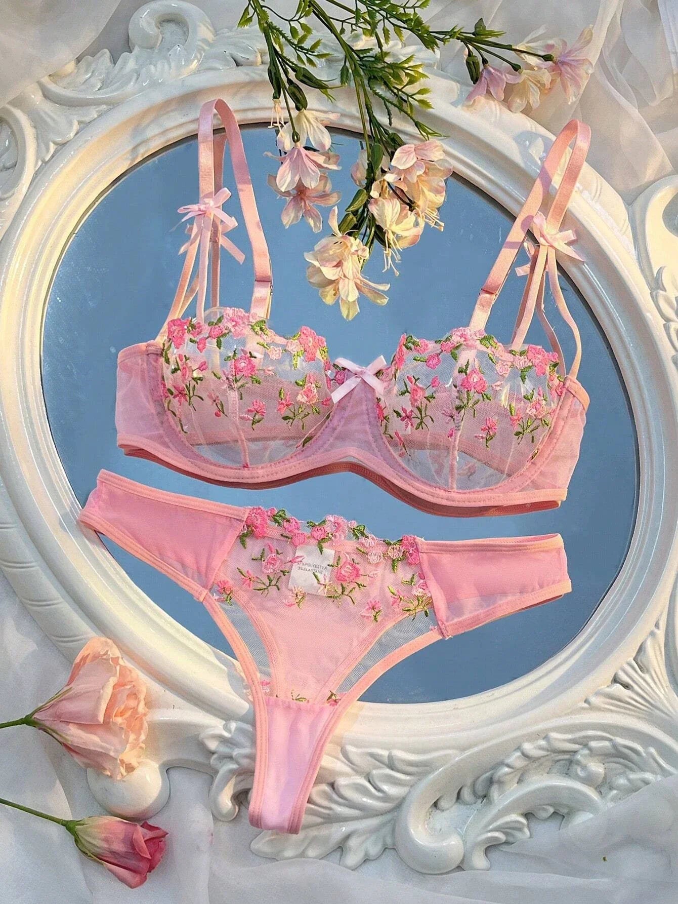 New Pink Bra Lingerie Set Ladies Embroidery Floral Bras Underwear Sets