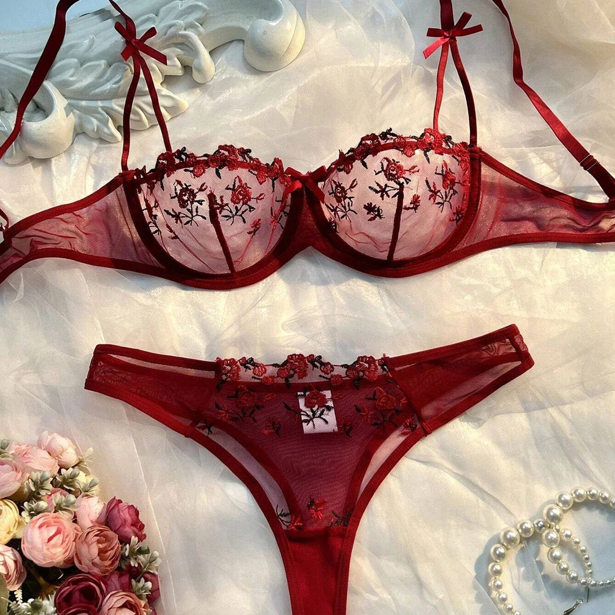 New Pink Bra Lingerie Set Ladies Embroidery Floral Bras Underwear Sets
