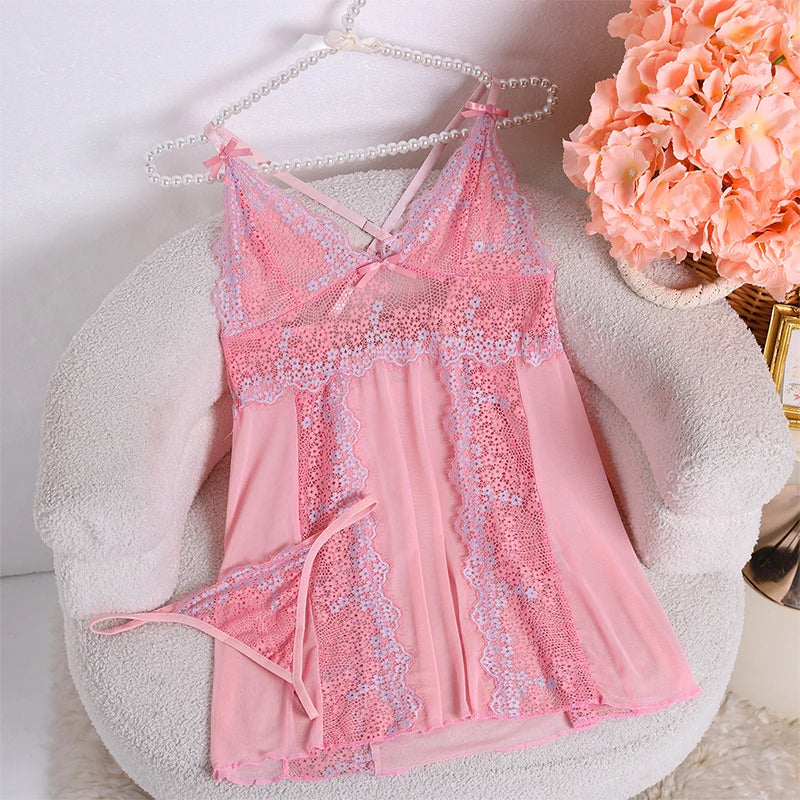 New Pink Floral Lace Lingerie Set
