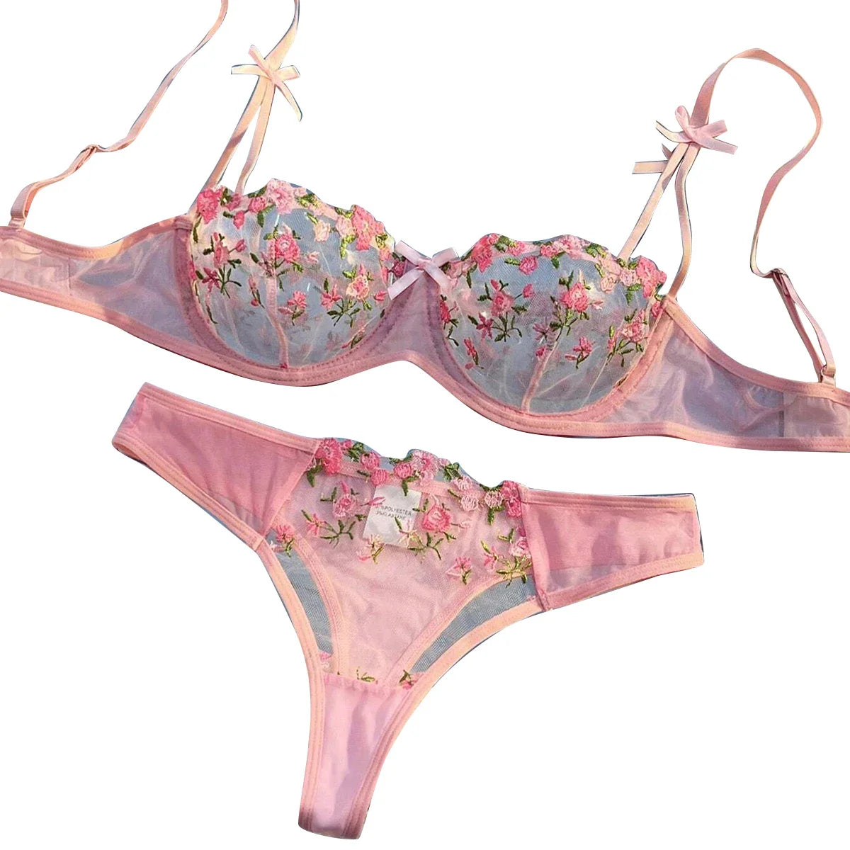 New Pink Transparent Bra Sheer Temptation Exotic Lingerie Set Ladies Embroidery Floral Bras Erotic Underwear Sets