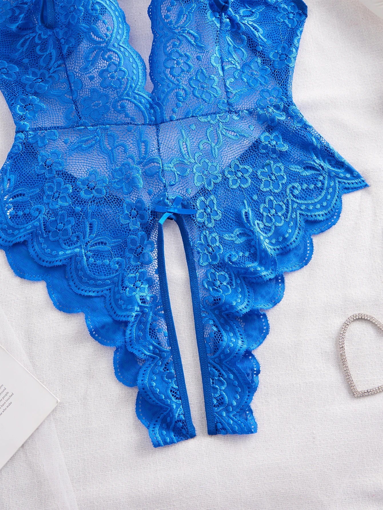New Plus Size Blue Deep V Open Bra Backless Lace Bodysuit Teddy Babydoll