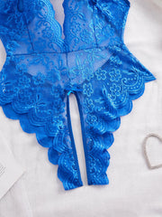 New Plus Size Blue Deep V Open Bra Backless Lace Bodysuit Teddy Babydoll