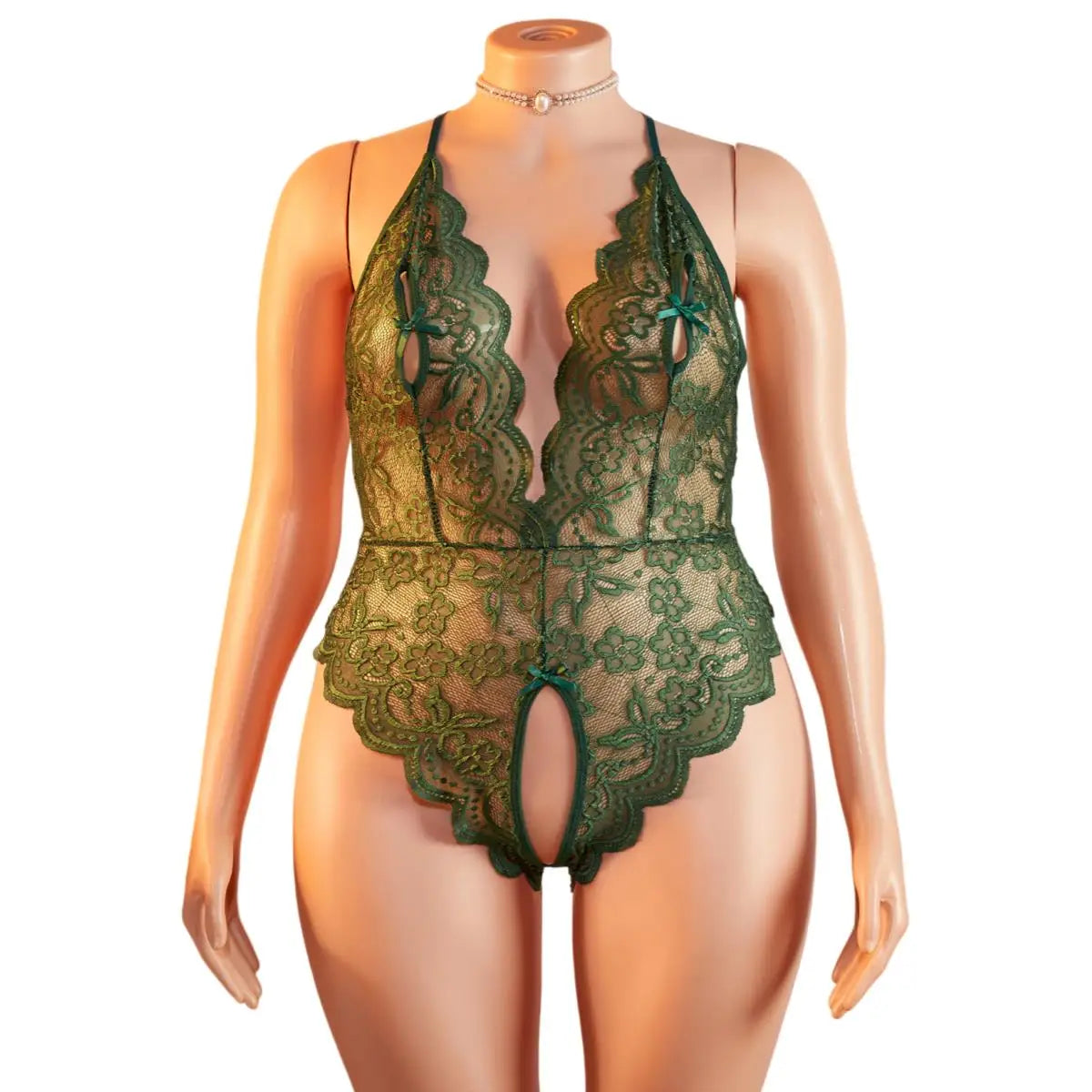 New Plus Size Green Deep V Open Bra Lingerie Backless Crotchless Bodysuit Porno Underwear Erotic Lace Sheer Teddy Babydoll