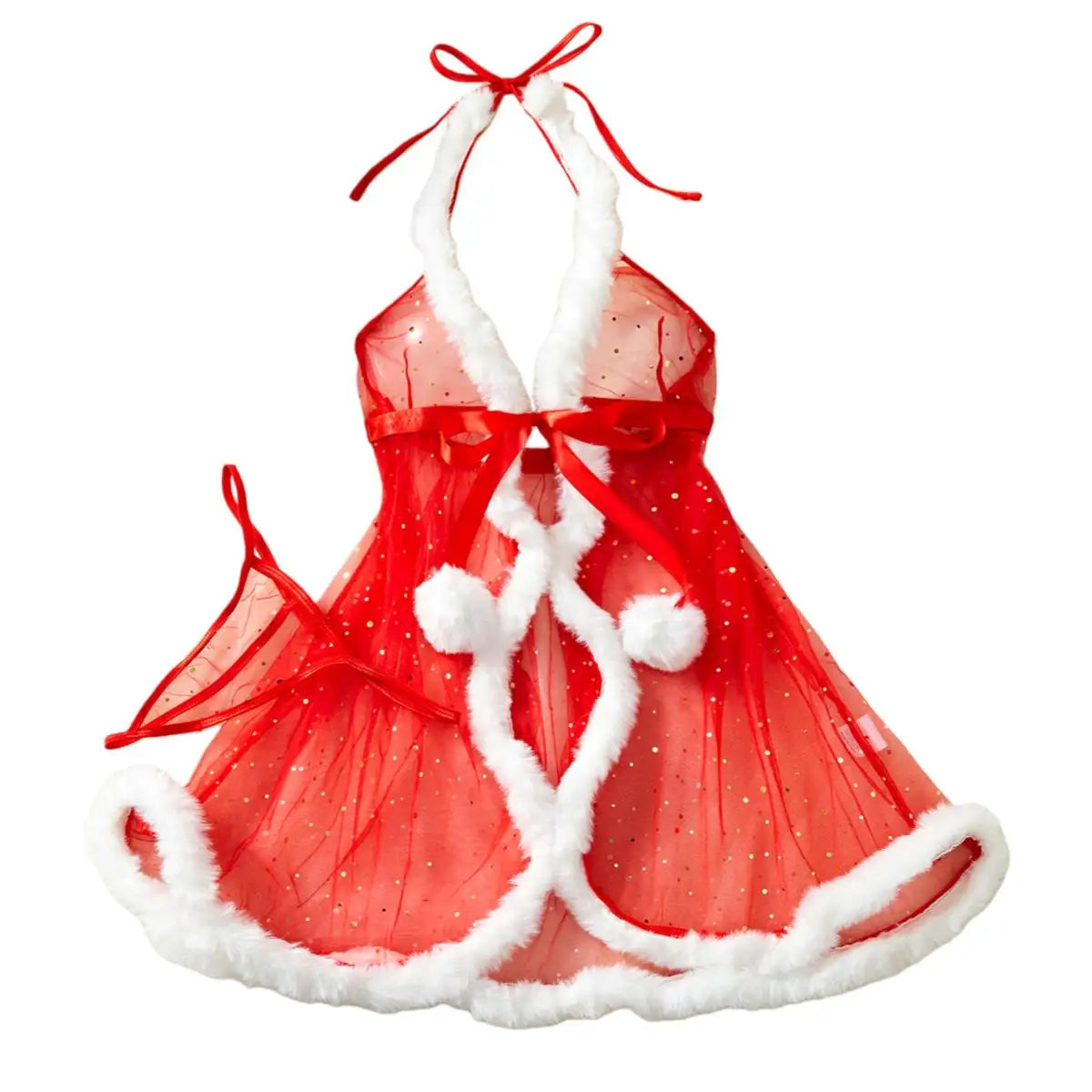 New Lingerie Christmas Exclusive Pajamas Seductive Expose The Body Exotic Red Lace Up Plush Skirt Babydolls Two-piece