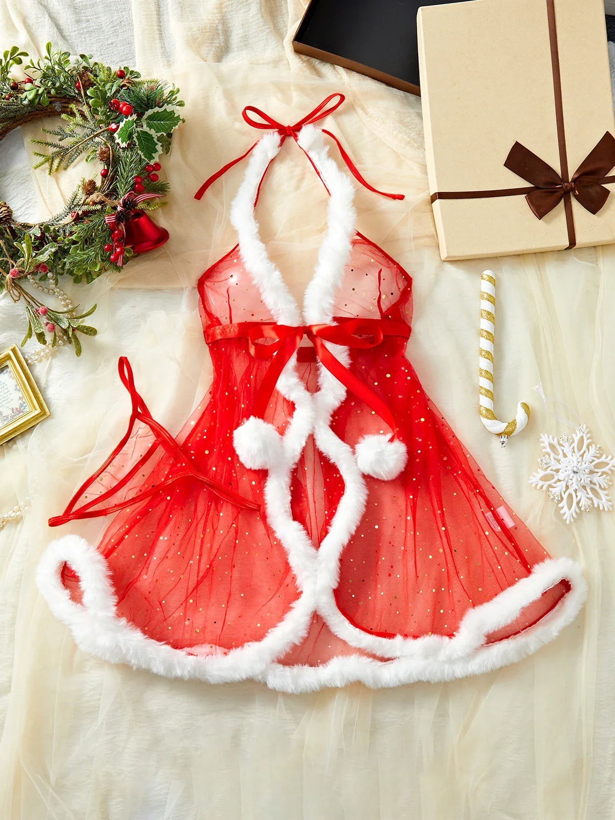 New Lingerie Christmas Exclusive Pajamas Seductive Expose The Body Exotic Red Lace Up Plush Skirt Babydolls Two-piece