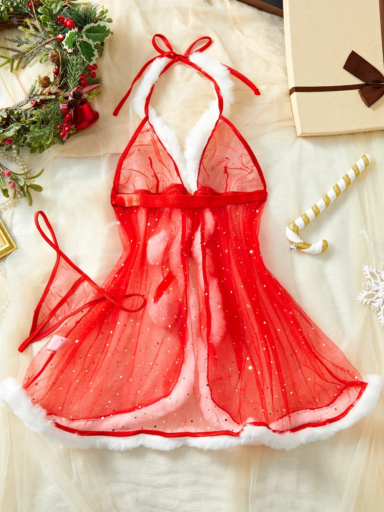 New Lingerie Christmas Exclusive Pajamas Seductive Expose The Body Exotic Red Lace Up Plush Skirt Babydolls Two-piece