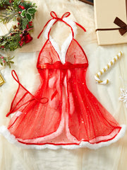 New Lingerie Christmas Exclusive Pajamas Seductive Expose The Body Exotic Red Lace Up Plush Skirt Babydolls Two-piece
