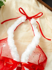 New Lingerie Christmas Exclusive Pajamas Seductive Expose The Body Exotic Red Lace Up Plush Skirt Babydolls Two-piece