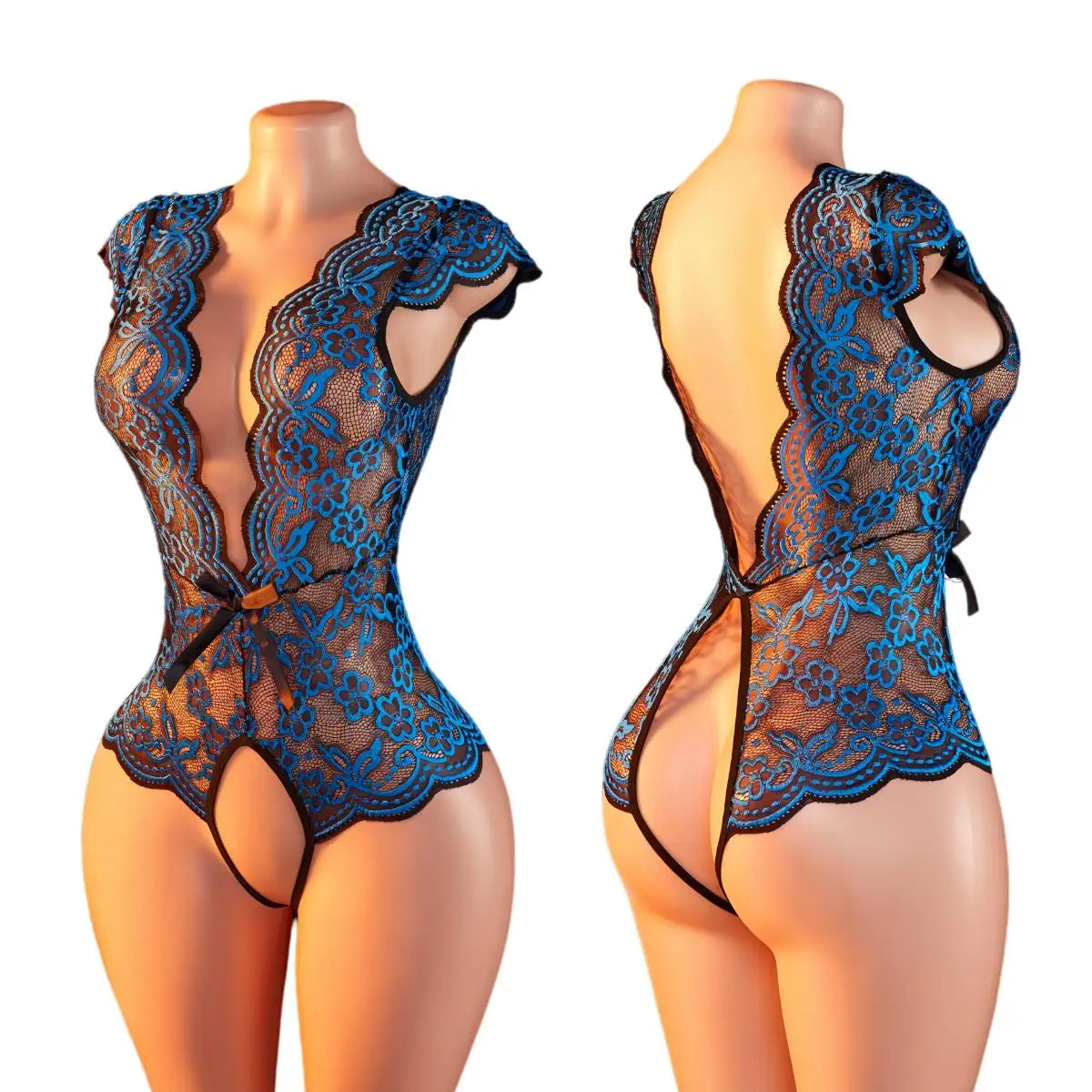 New Summer Blue Half Sleeve Sheer Lace Babydolls Bodysuit Hollow Out Backless Pajamas Erotic Costume Deep V Lingerie