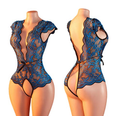 New Summer Blue Half Sleeve Sheer Lace Babydolls Bodysuit Hollow Out Backless Pajamas Erotic Costume Deep V Lingerie