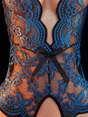 New Summer Blue Half Sleeve Sheer Lace Babydolls Bodysuit Hollow Out Backless Pajamas Erotic Costume Deep V Lingerie