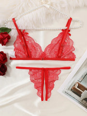 New Lingerie Red Bra Panties Set Cute Bow Lace Underwear Set Outfits