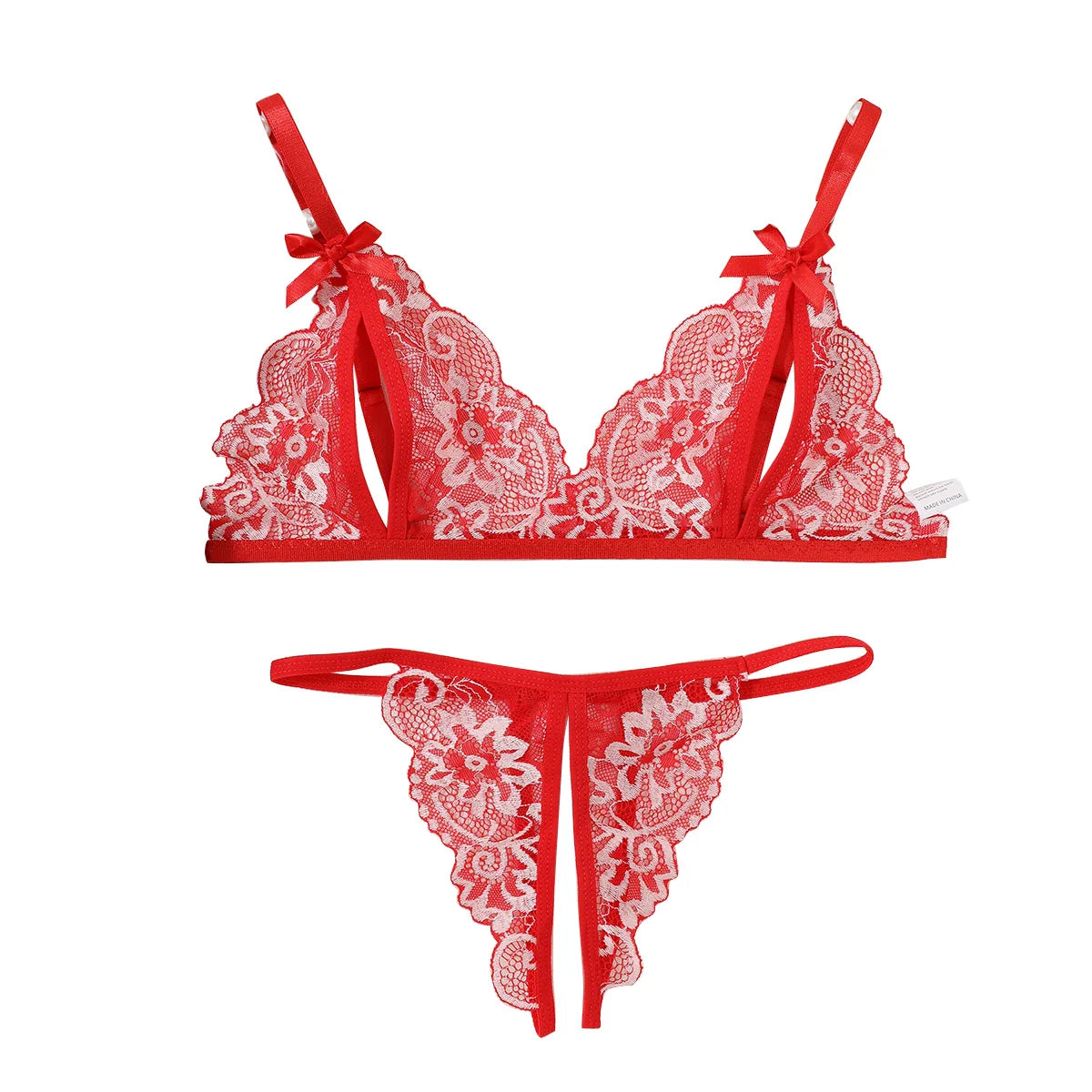 New Lingerie Red Bra Panties Set Cute Bow Ultrathin Lace Underwear Set Temptation Erotic Outfits