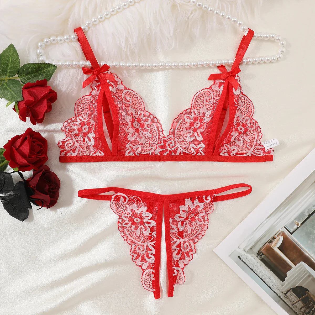 New Lingerie Red Bra Panties Set Cute Bow Ultrathin Lace Underwear Set Temptation Erotic Outfits