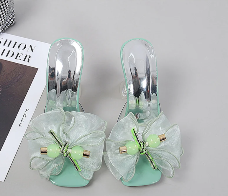 Novelty Butterfly-Knot Transparent Mules Slides High Heel Sandals