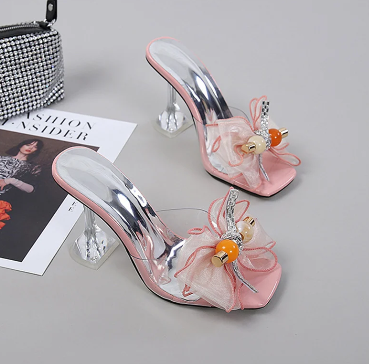 Novelty Butterfly-Knot Transparent Mules Slides High Heel Sandals