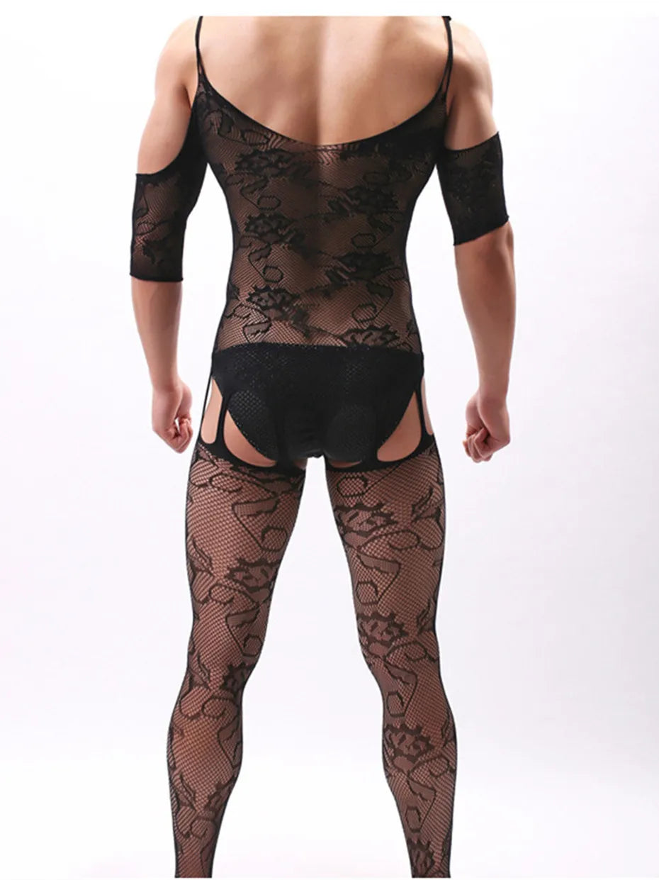 One-Piece Muscle Men's See-through Underwear Open-crotch Bodysuit Fun Sleepwear