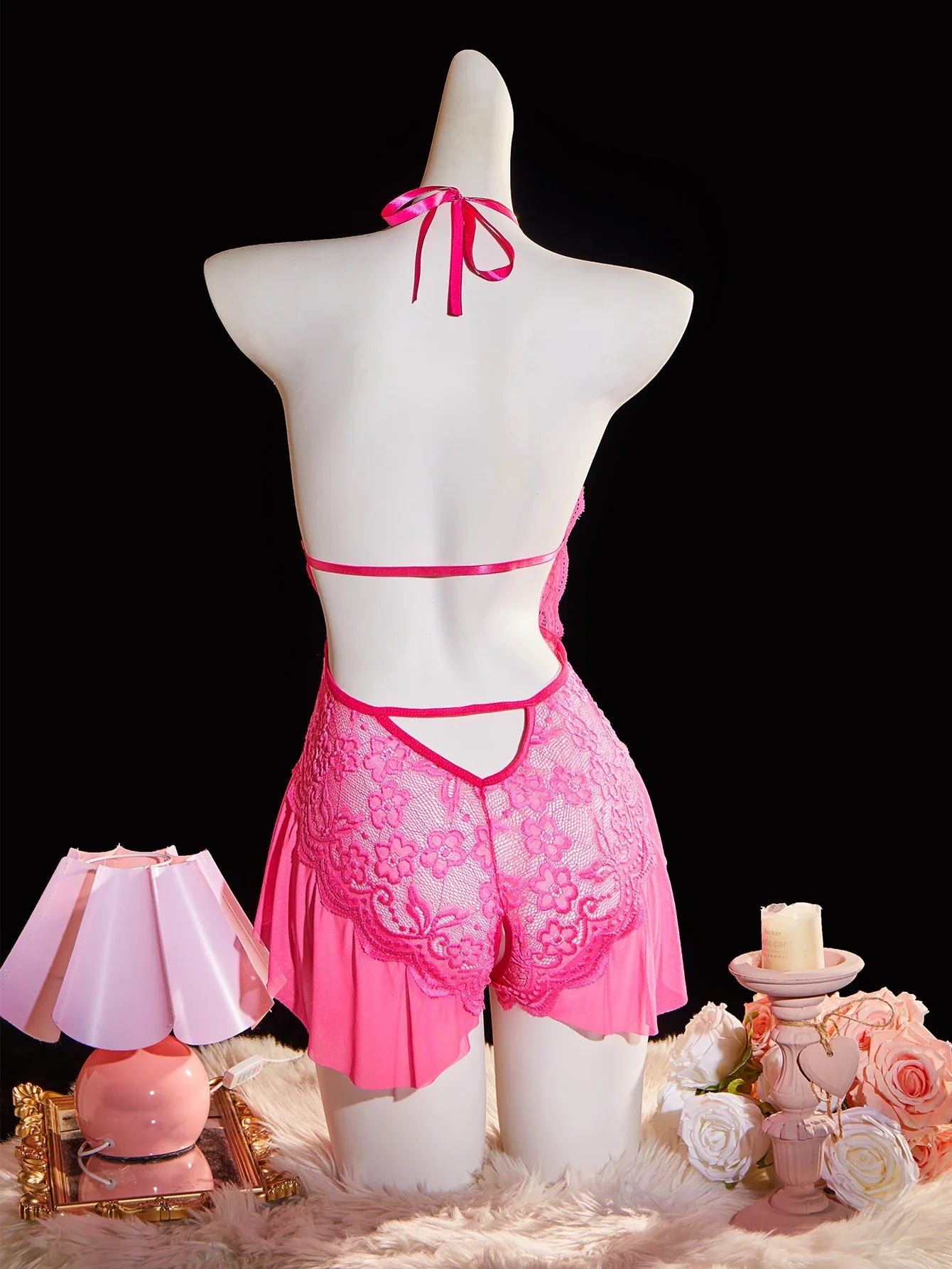 One-piece Backless Crotchless Teddy Bodysuits Lace Transparent Babydolls Nightwear Erotic Costume Deep V Lingerie