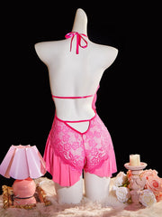 One-piece Backless Crotchless Teddy Bodysuits Lace Transparent Babydolls Nightwear Erotic Costume Deep V Lingerie