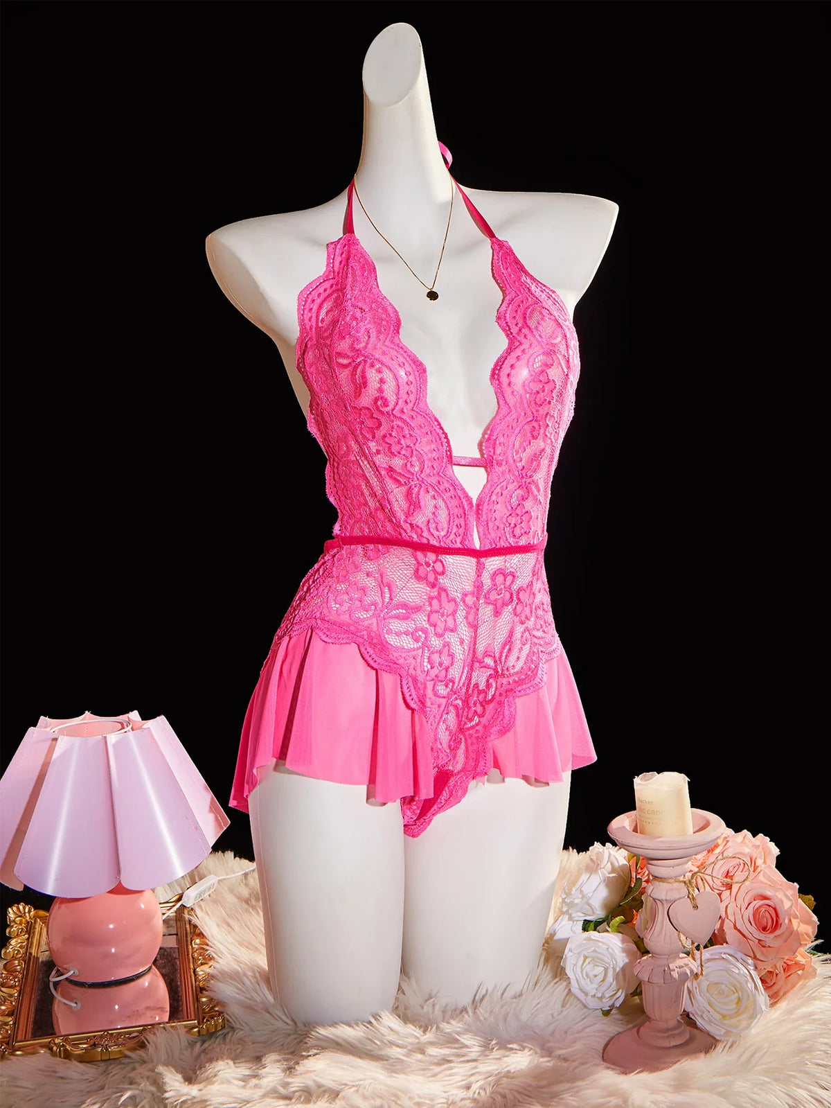 One-piece Backless Crotchless Teddy Bodysuits Lace Transparent Babydolls Nightwear Erotic Costume Deep V Lingerie