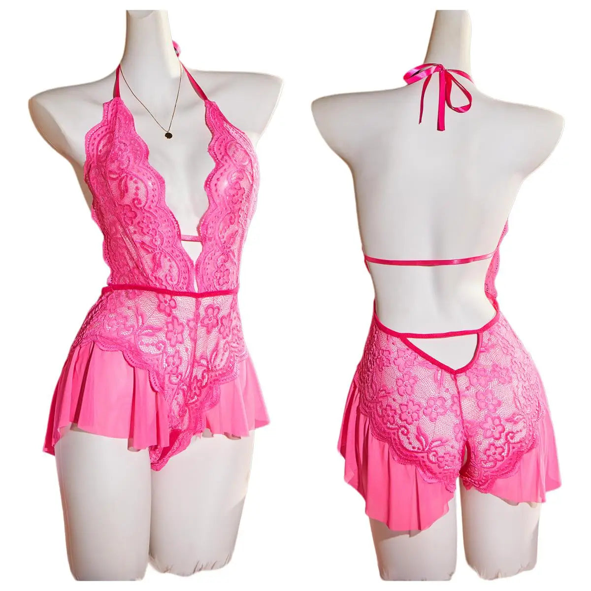 One-piece Backless Crotchless Teddy Bodysuits Lace Transparent Babydolls Nightwear Erotic Costume Deep V Lingerie