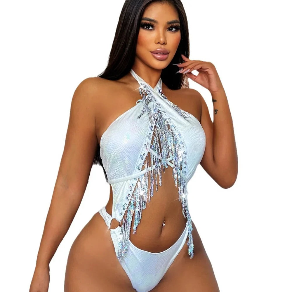 One-piece Swimsuit New European And American Tassel Fashion One-piece Swimsuit Backless Halterneck Skinny Bikini 2024