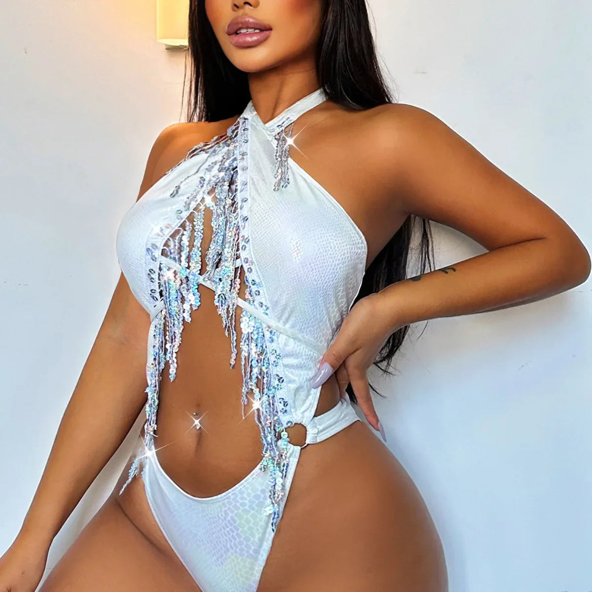 One-piece Swimsuit New European And American Tassel Fashion One-piece Swimsuit Backless Halterneck Skinny Bikini 2024