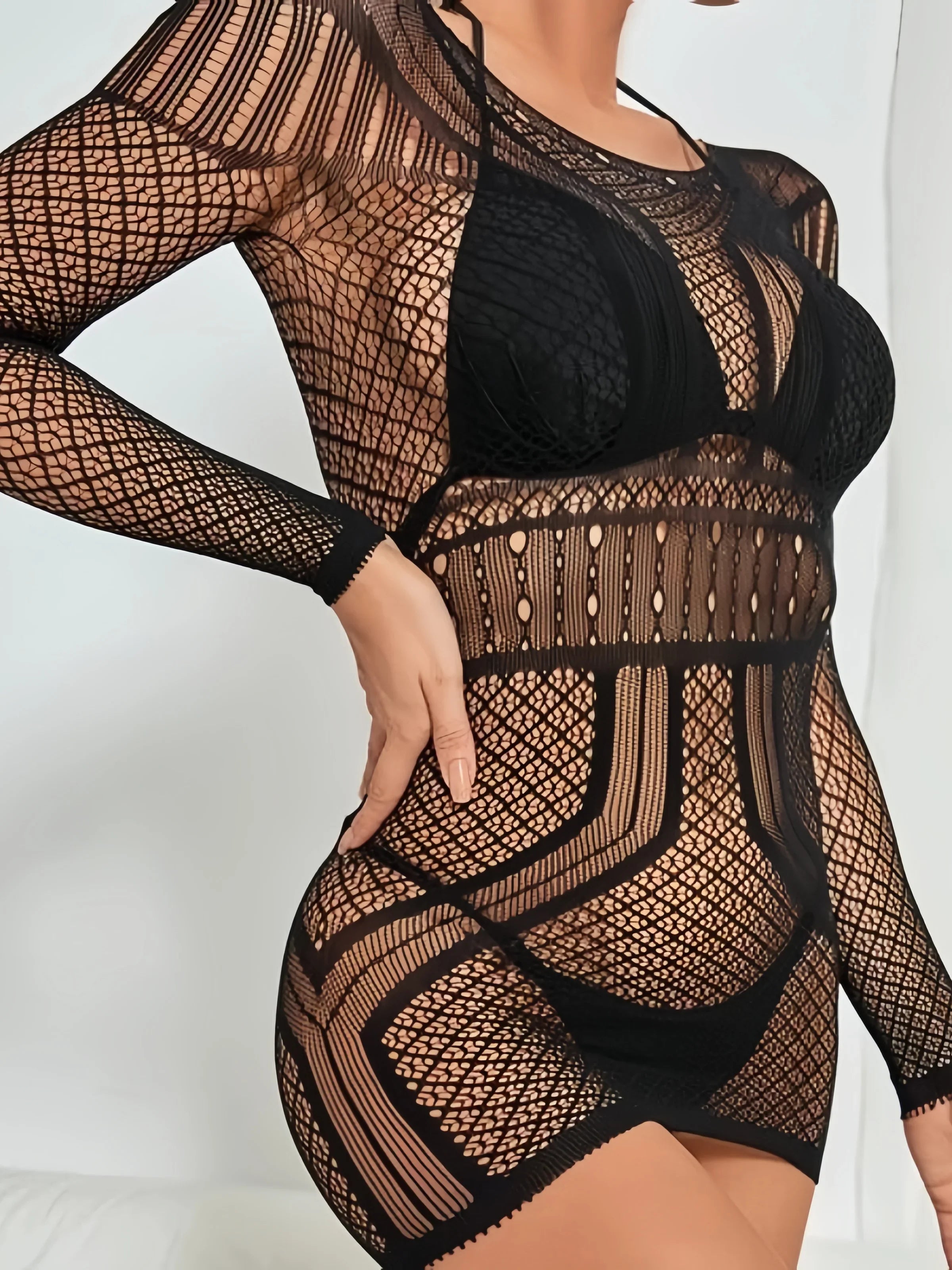 One piece lingerie black erotic dresses mesh hollow underwear Elastic tight fitting nightgown sleepwear