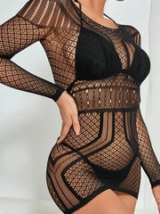 One piece lingerie black erotic dresses mesh hollow underwear Elastic tight fitting nightgown sleepwear