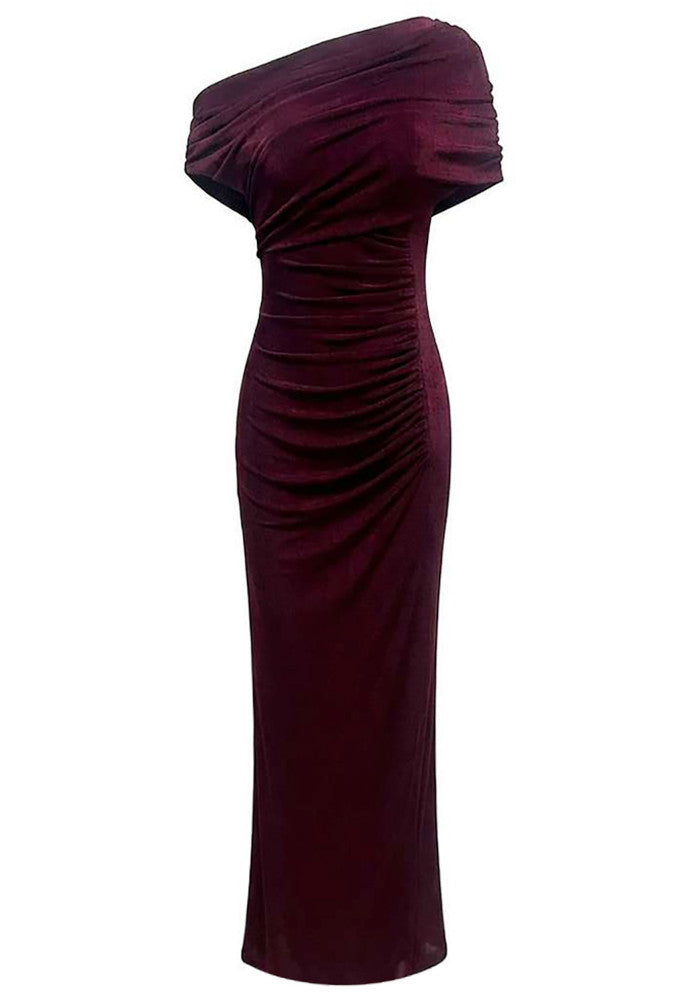 One Shoulder Bardot Draped Maxi Dress Burgundy