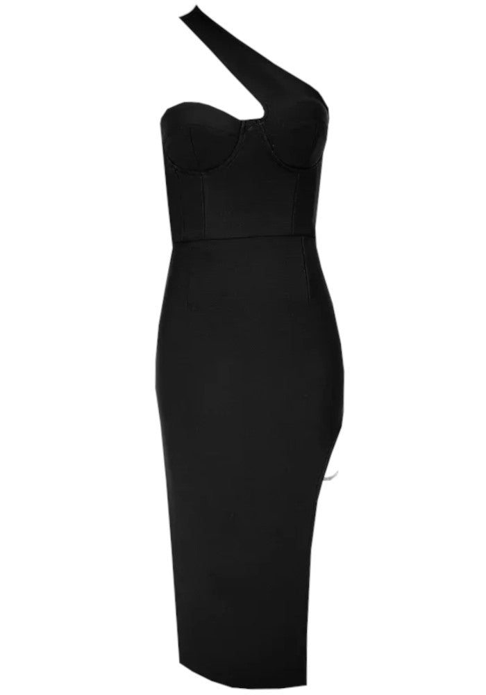 One Shoulder Bustier Midi Dress Black